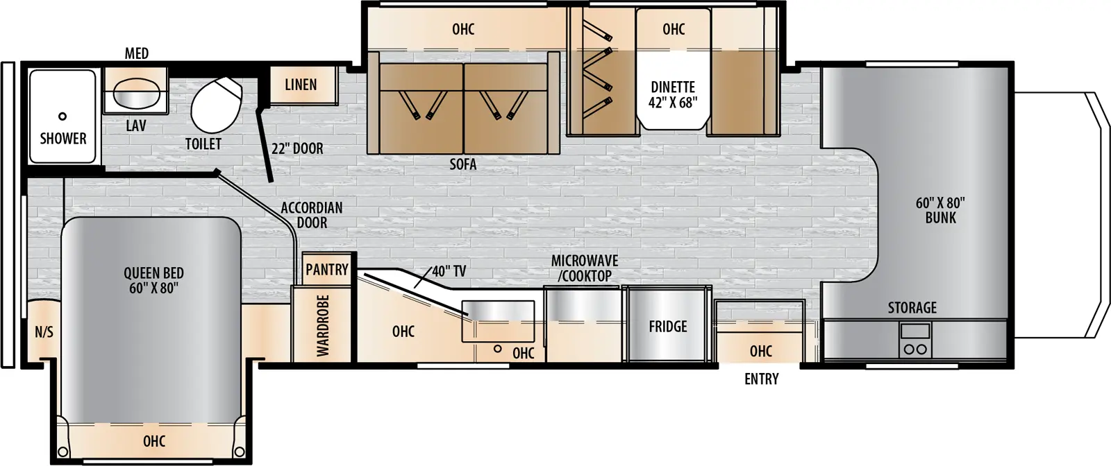 The Entrada 2600DS floorplan has one entry and two slide outs. Exterior features include: 12' awning. Interiors features include: rear bedroom, rear bathroom, bunk over cab, dinette and fixed bed.